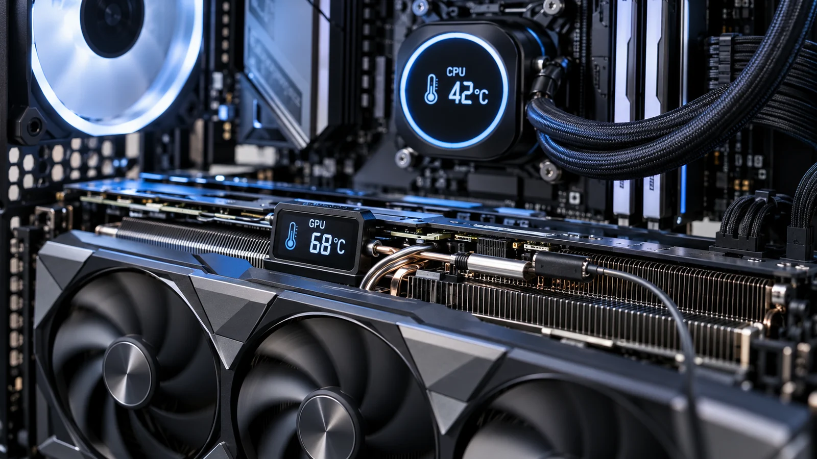 Interior de PC com sensores indicando temperaturas da CPU e da GPU