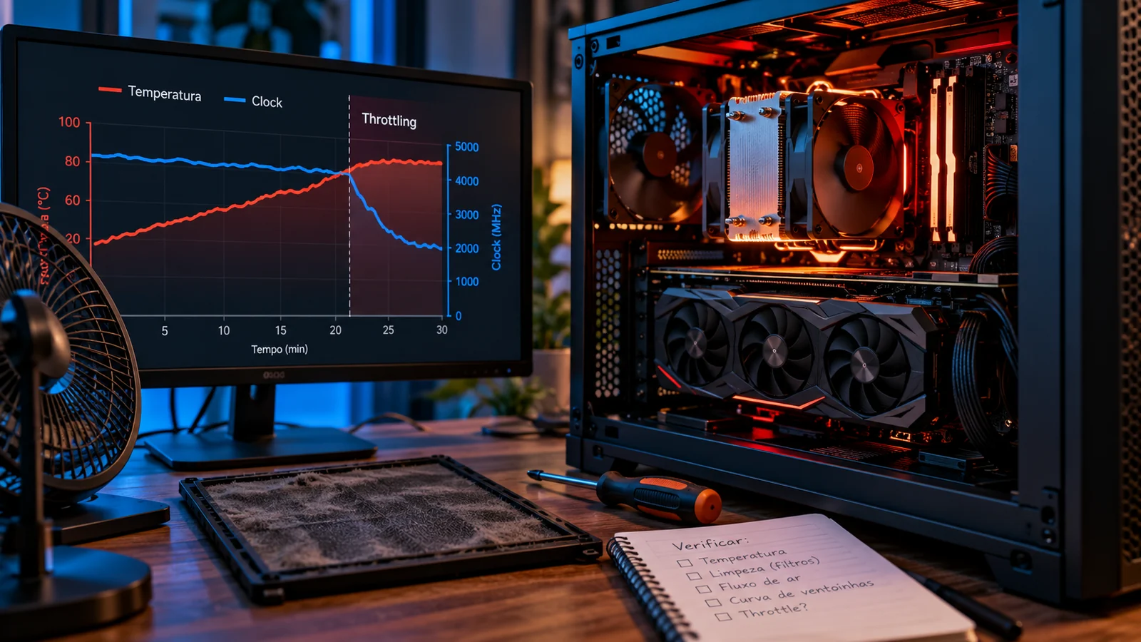 Gráfico mostrando aumento de temperatura e queda de clock durante thermal throttling