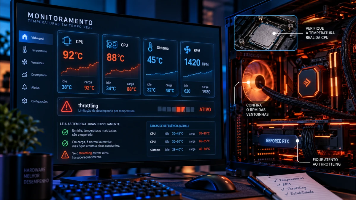 Monitoramento mostrando temperatura alta e thermal throttling ativo no PC
