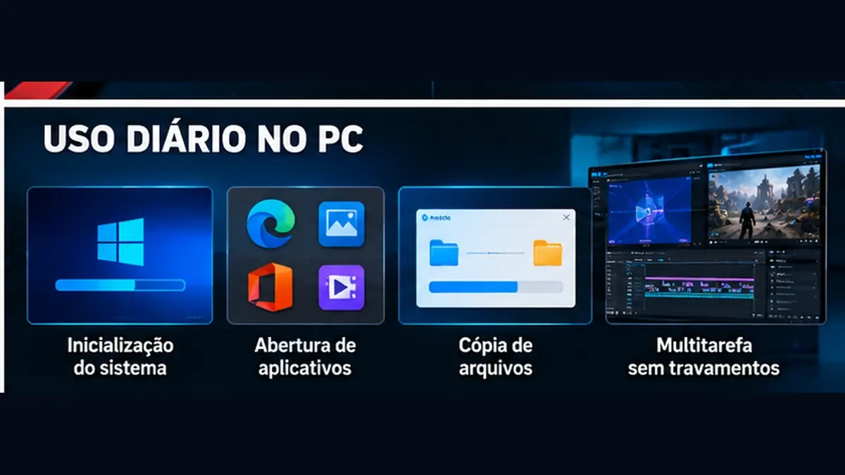 SSD NVMe e SSD SATA em tarefas de inicialização aplicativos arquivos e multitarefa