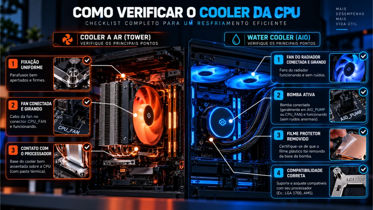 Checklist para verificar cooler da CPU, ventoinha, bomba do AIO e montagem