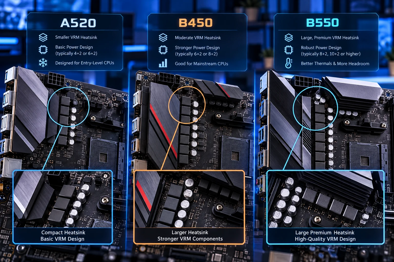 Comparativo de VRM e dissipadores em placas-mãe A520, B450 e B550