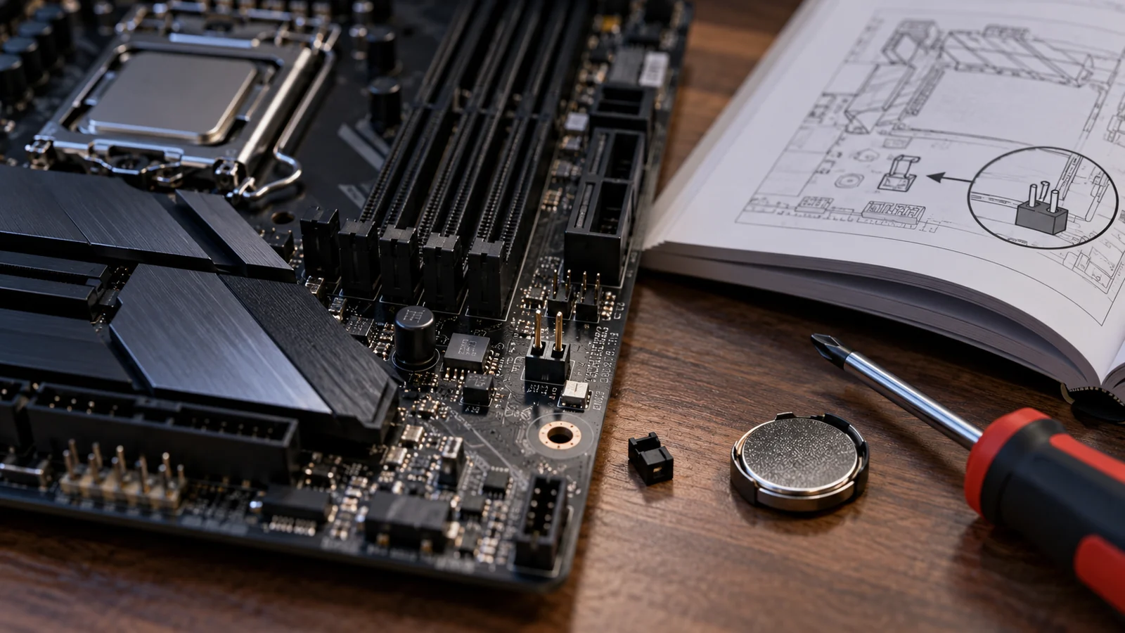 Jumper Clear CMOS e bateria da placa-mãe usados para restaurar a BIOS