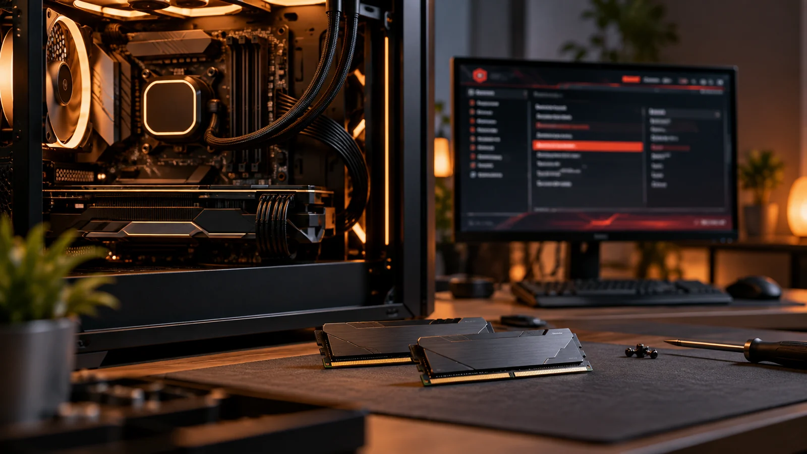 PC aberto com memória RAM e BIOS durante diagnóstico de XMP, DOCP ou EXPO