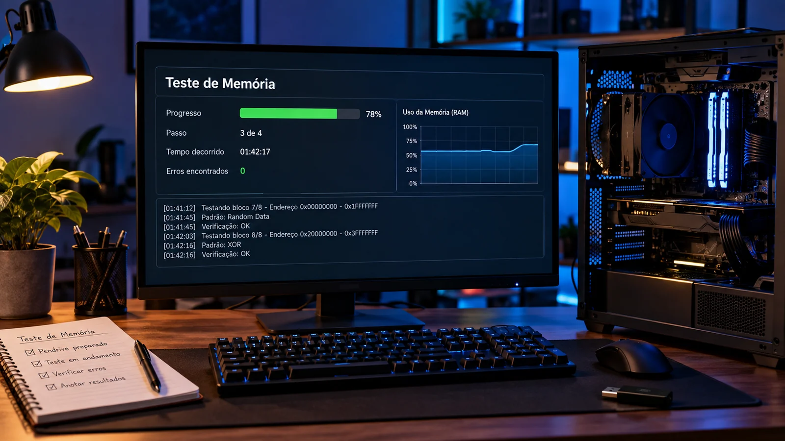 Teste de memória RAM em andamento para verificar estabilidade após configurar XMP