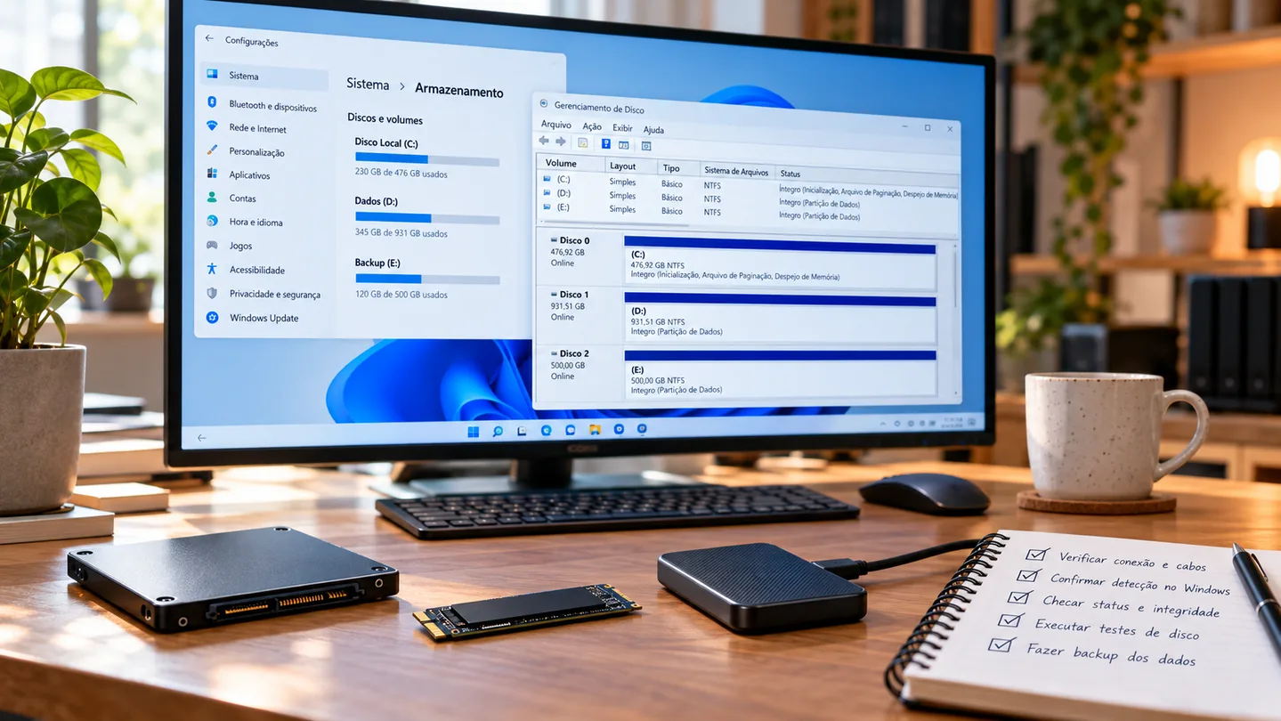 Checklist ilustrado de SSDs SATA, M.2 NVMe e externos para diagnóstico sem perder arquivos