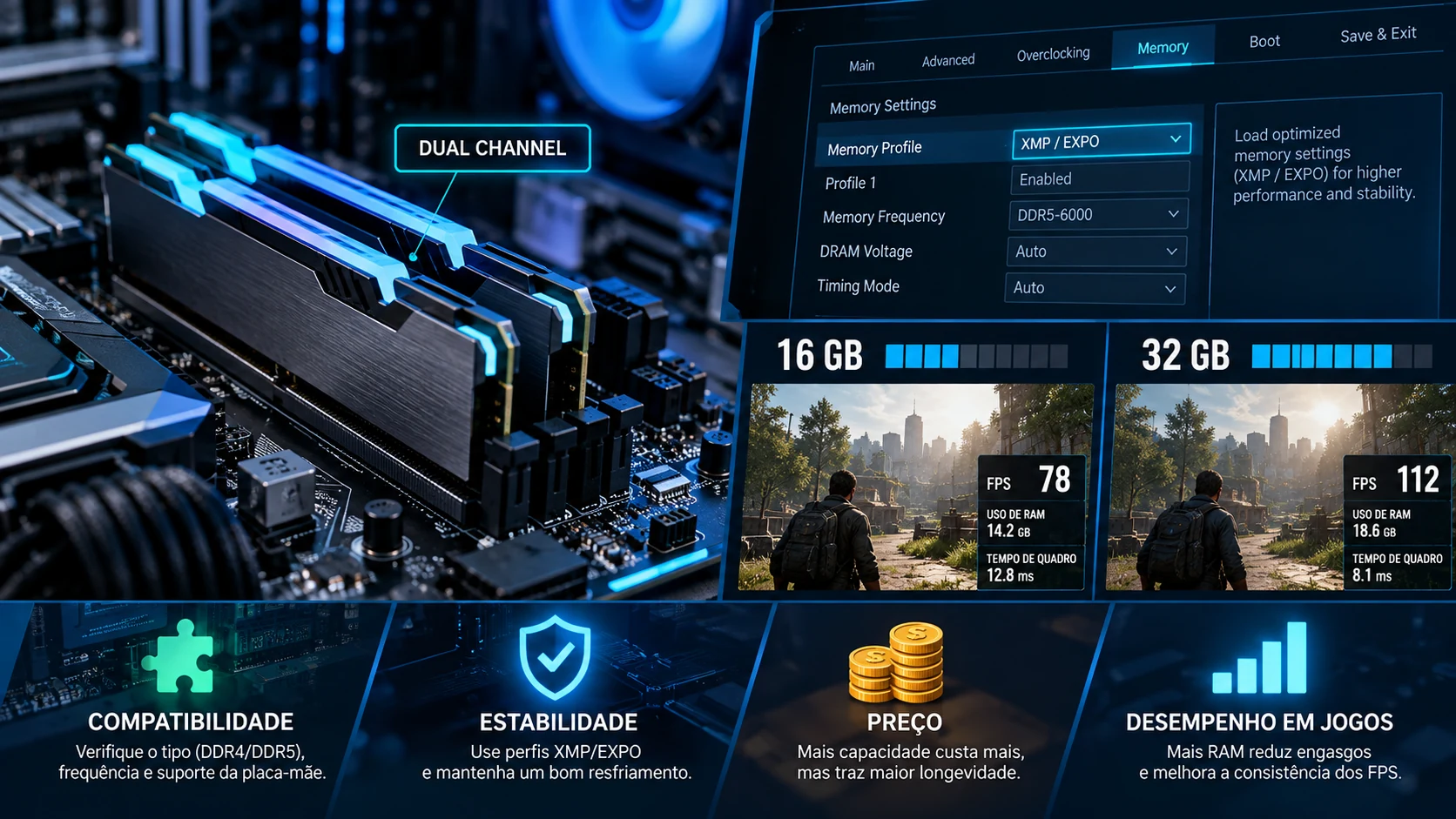 Memória RAM em dual channel com configuração XMP e EXPO na BIOS