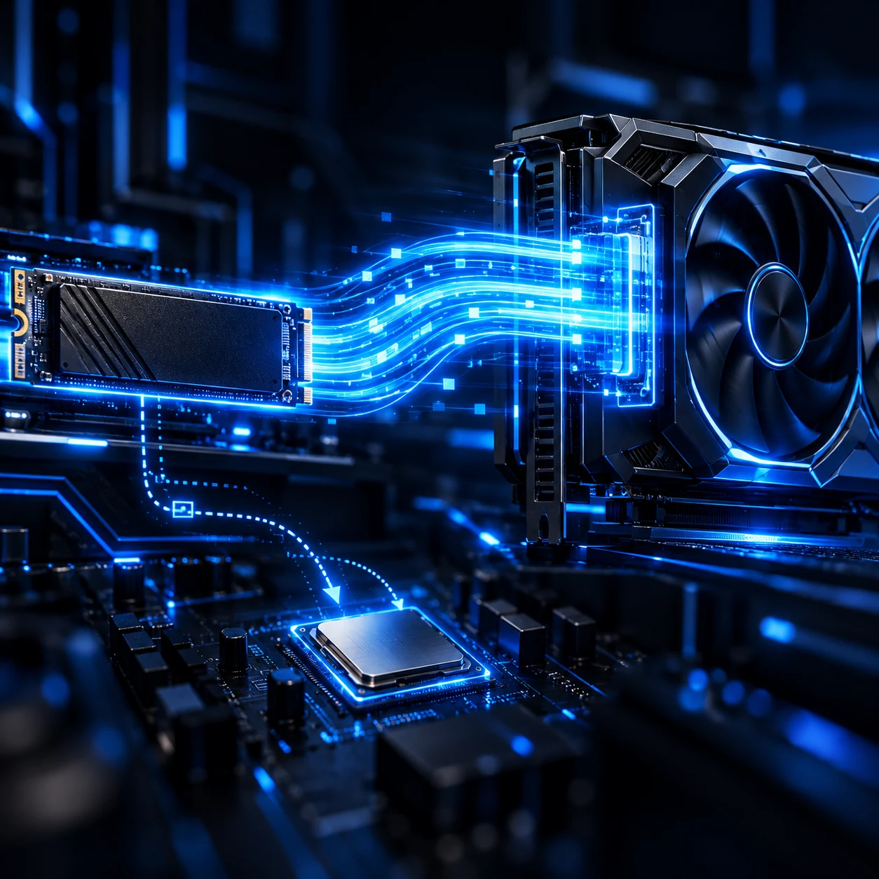 Fluxo do DirectStorage no Windows 11 entre SSD NVMe, CPU e GPU