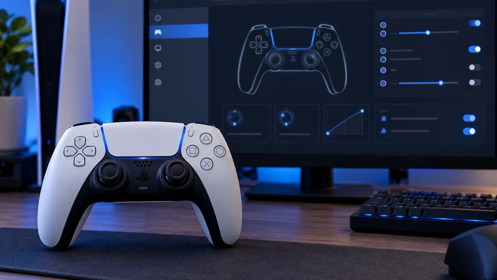 Controle DualSense diante de painel conceitual de configurações