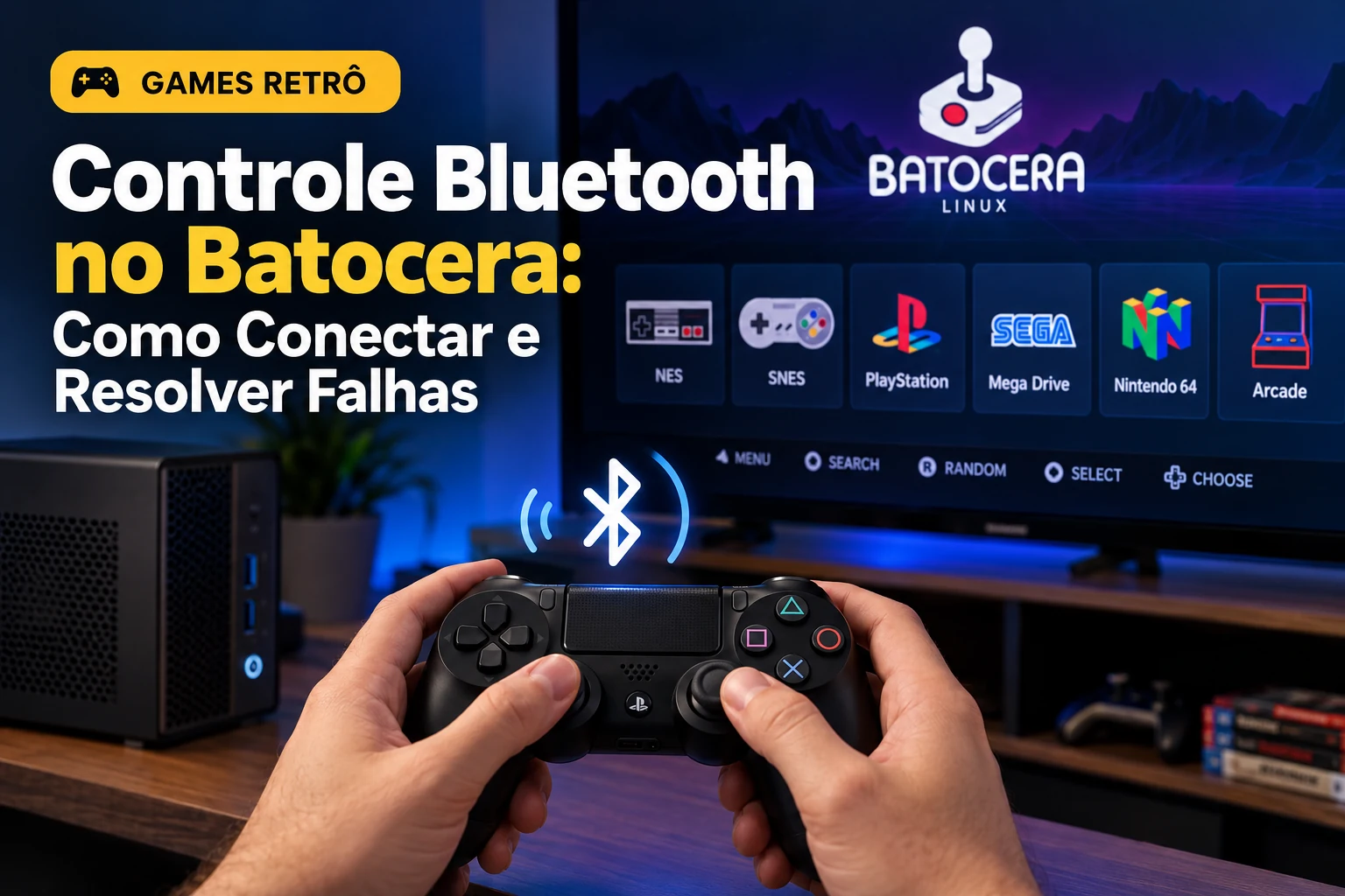 Controle Bluetooth sem fio diante de uma televisão com Batocera em um setup de jogos retrô