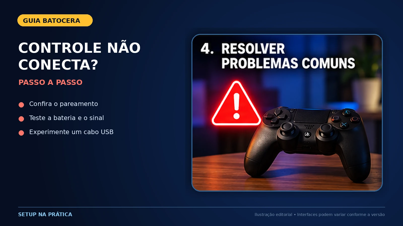 Controle Bluetooth não conecta no Batocera: revisão do pareamento, bateria, sinal e cabo USB