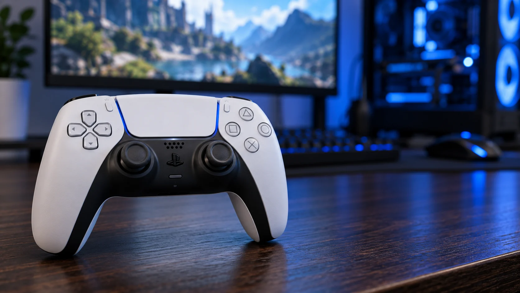 Controle de PS5 no PC em uma mesa com computador gamer