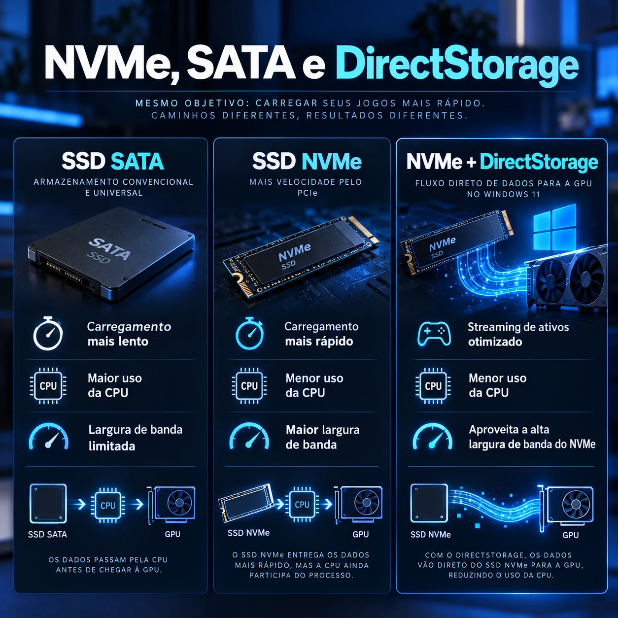 Comparação entre SSD SATA, SSD NVMe e DirectStorage no Windows 11