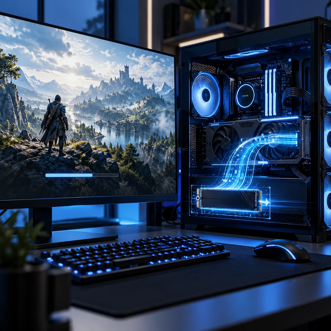 DirectStorage no Windows 11 em setup gamer com SSD NVMe e GPU