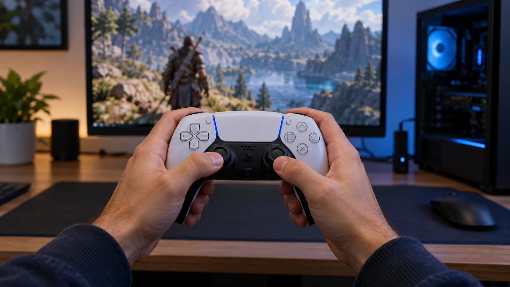 Pessoa usando o controle de PS5 no PC sem fio