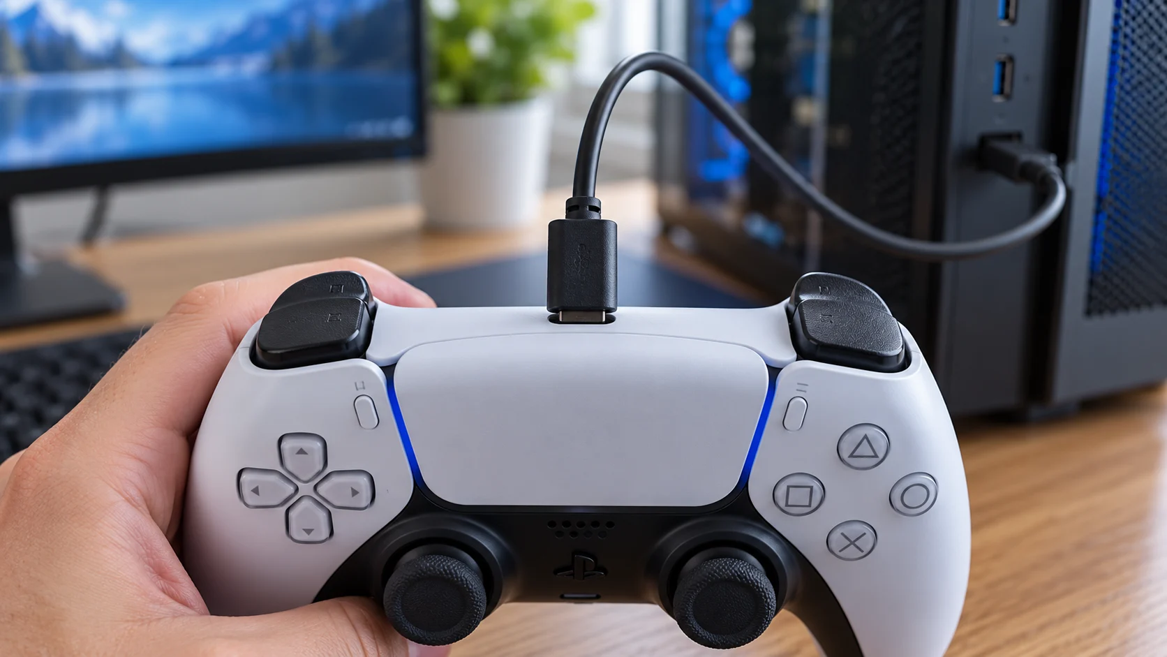 Controle DualSense conectado ao computador por cabo USB-C