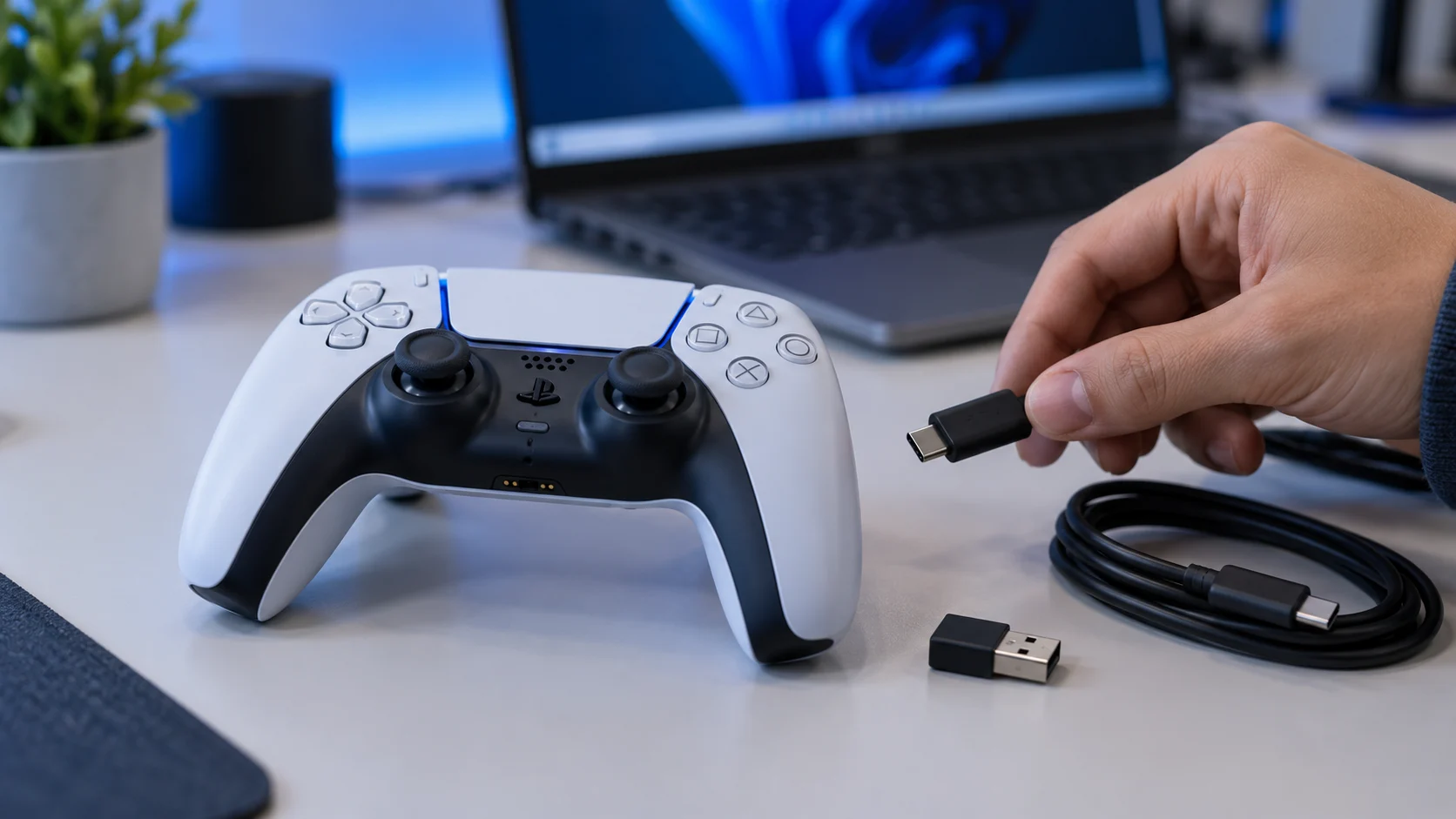 Controle DualSense com cabo USB-C e adaptador Bluetooth para diagnóstico