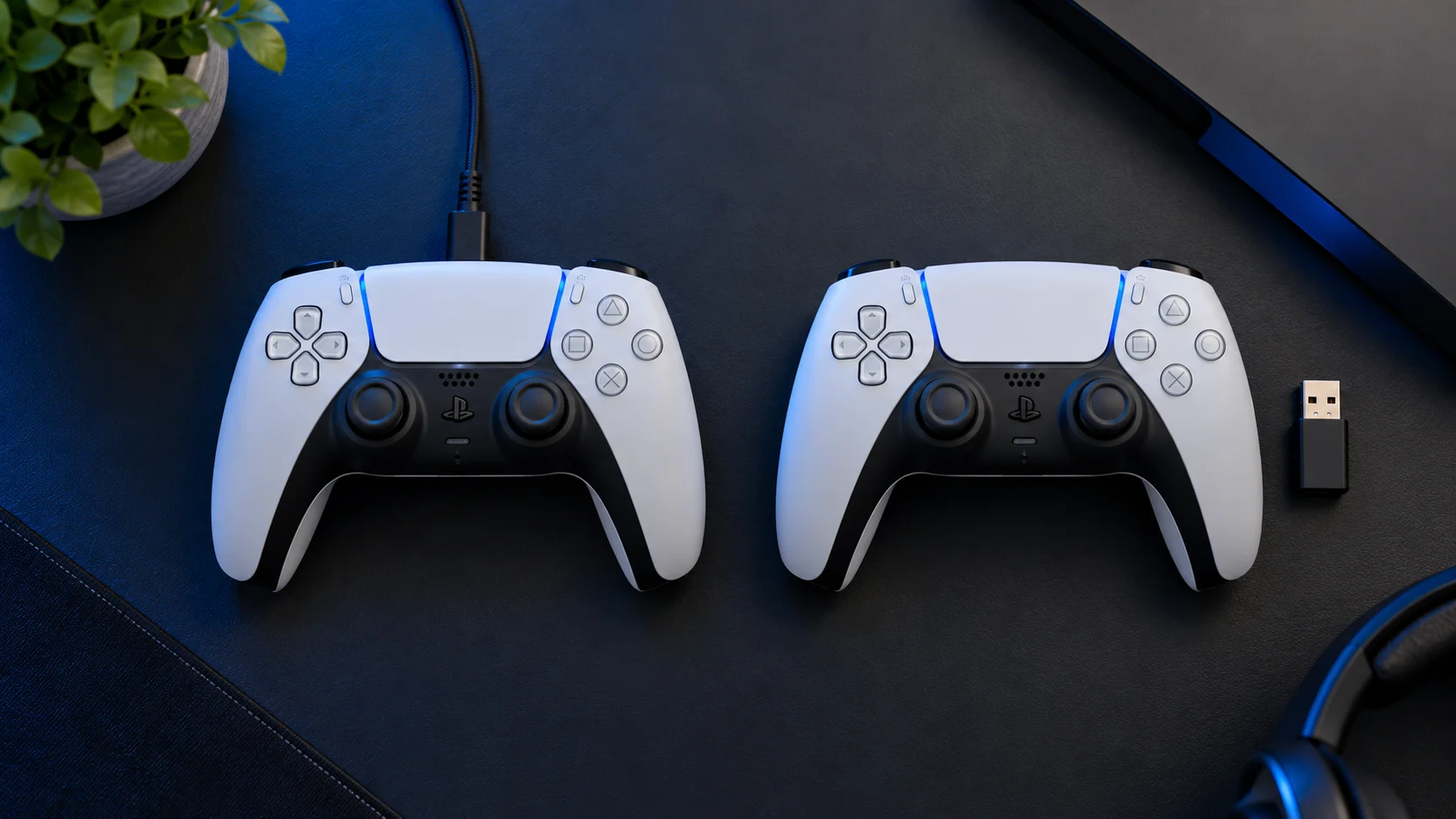 Comparação ilustrativa de controles DualSense com cabo USB e conexão Bluetooth