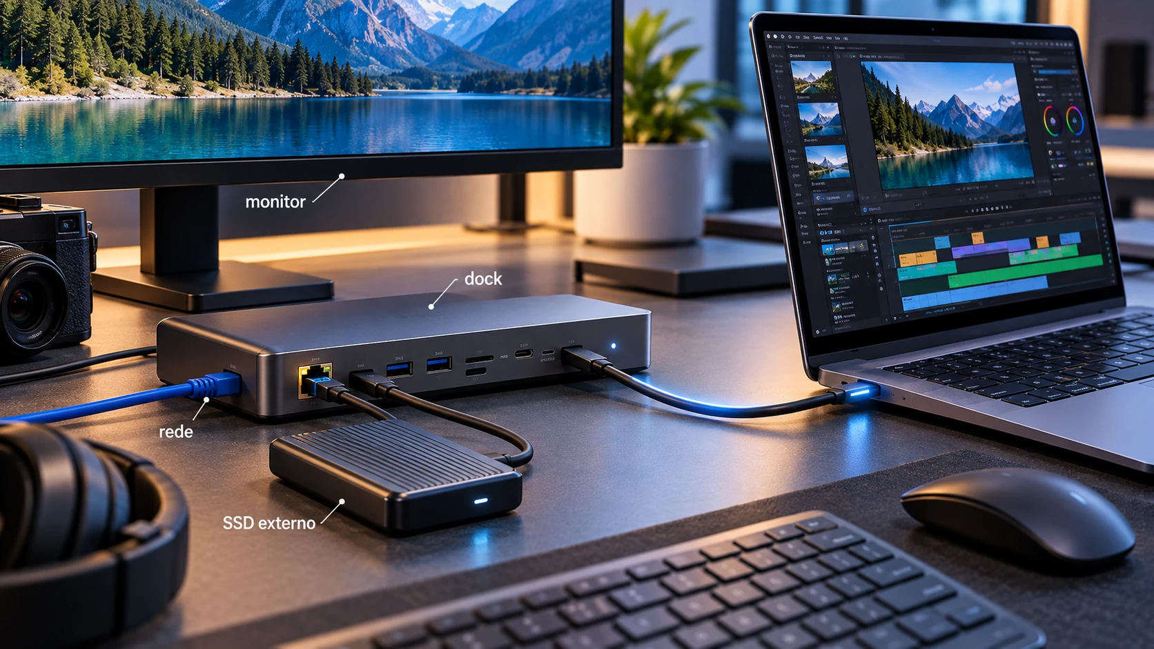 Estação USB4 com dock, SSD externo, monitor e notebook