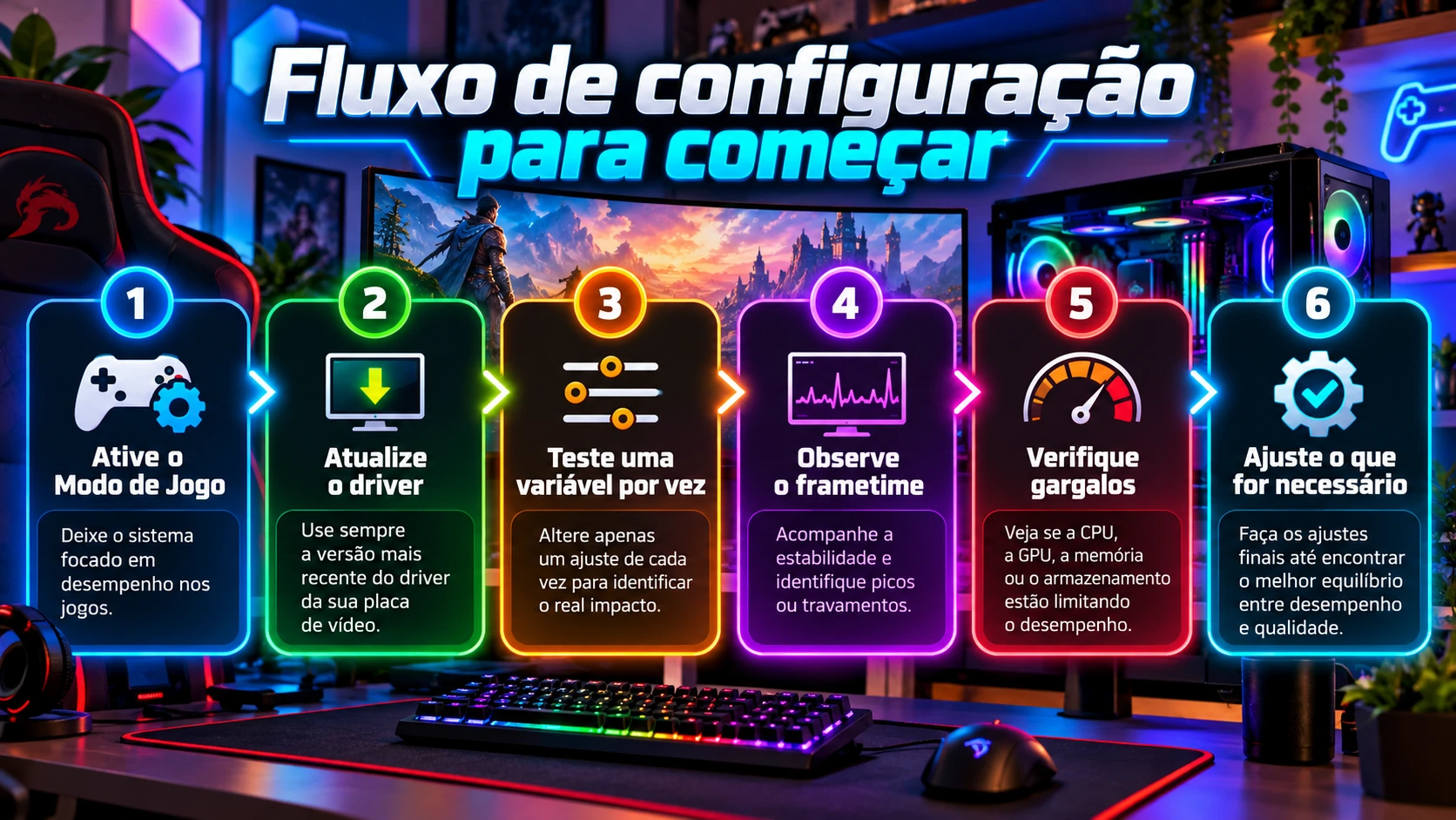 Fluxograma em português para configurar e testar desempenho de jogos no Windows 11