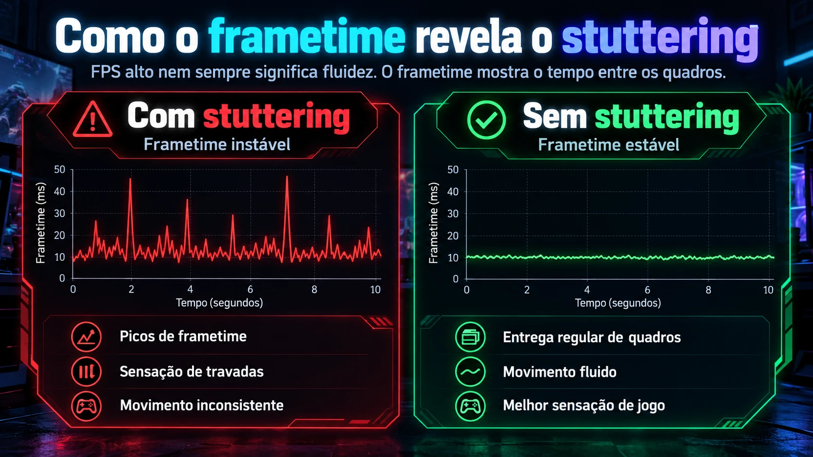 Comparação de frametime com stuttering e frametime estável sem microtravamentos
