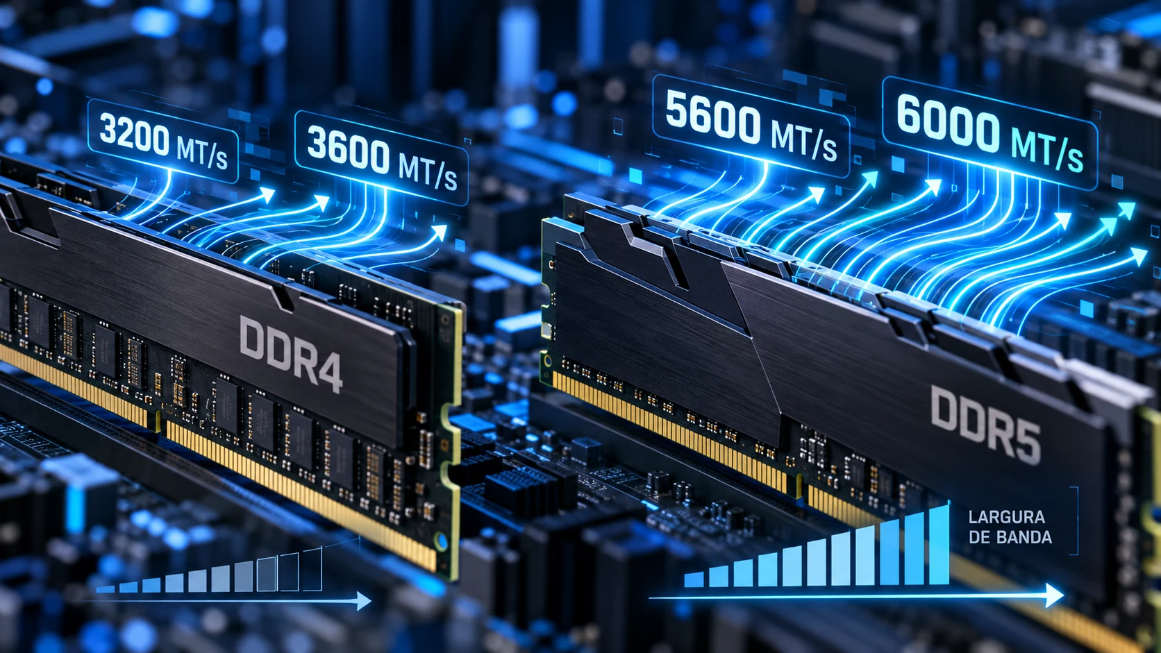 Memória RAM DDR4 e DDR5 com velocidades de 3200 a 6000 MT/s