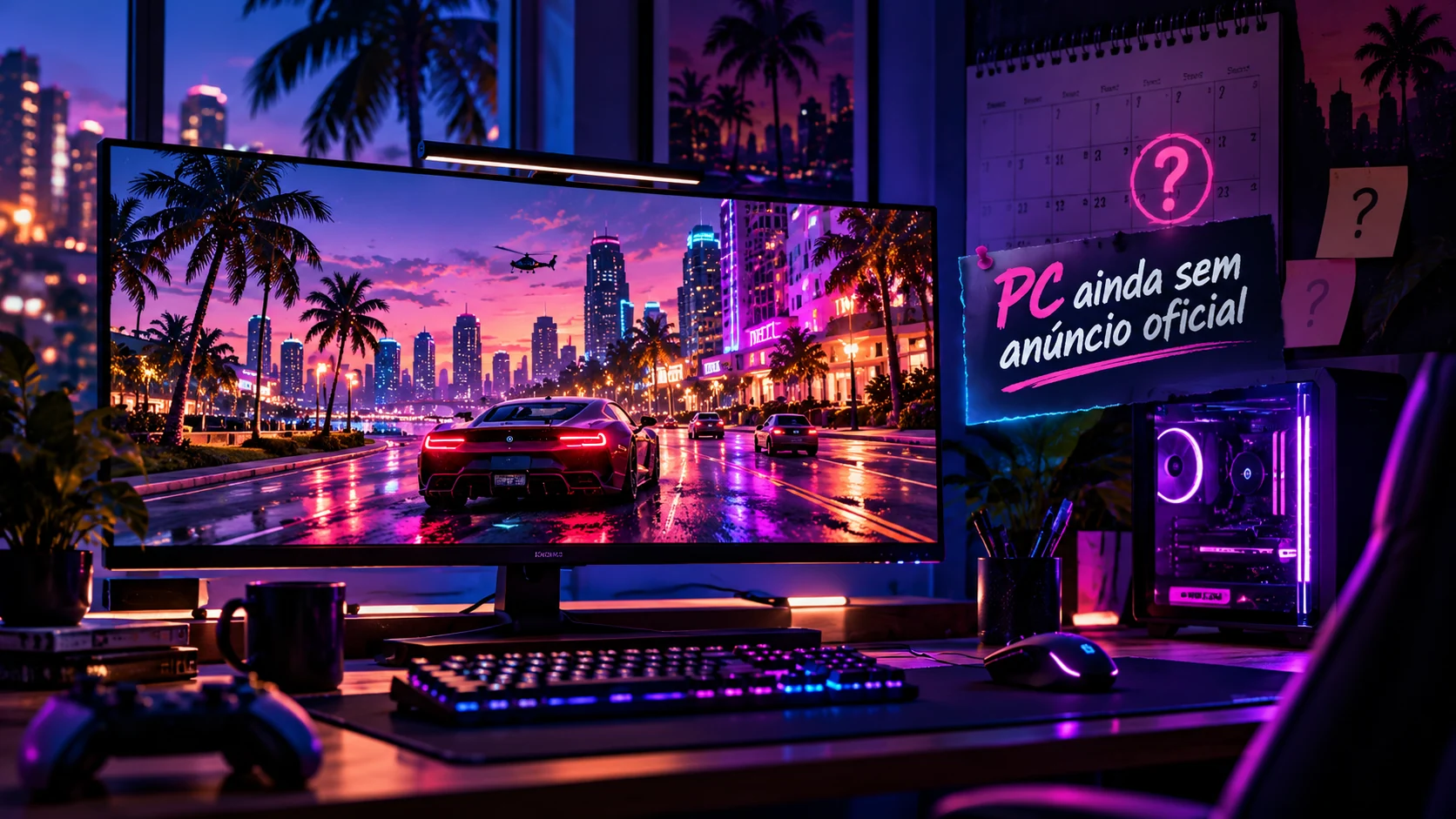 Ilustração de computador gamer lembrando que GTA 6 não tem data nem requisitos oficiais de PC divulgados