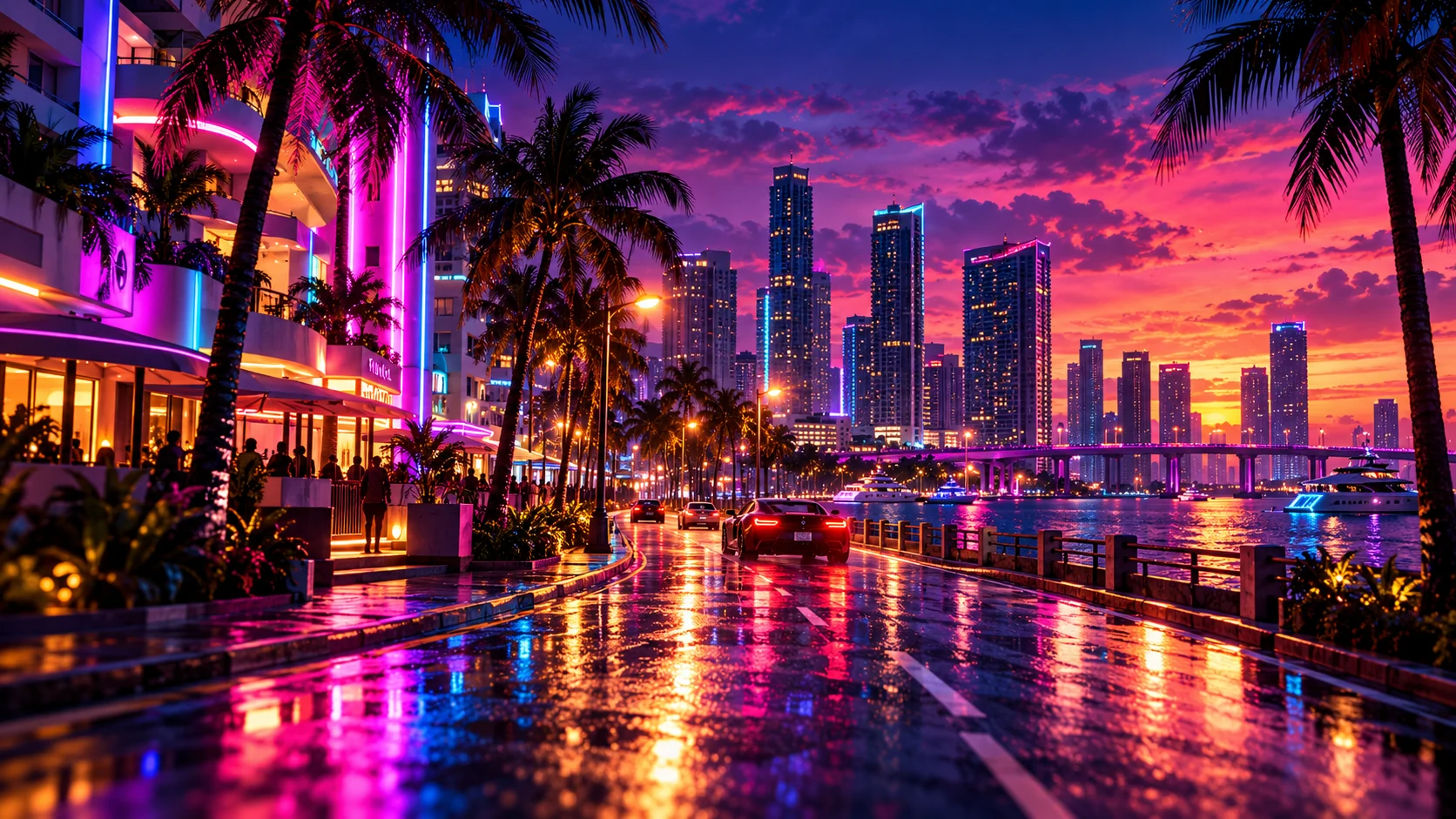 Arte conceitual editorial inspirada em uma cidade tropical ao pôr do sol para ilustrar Vice City e Leonida em GTA 6