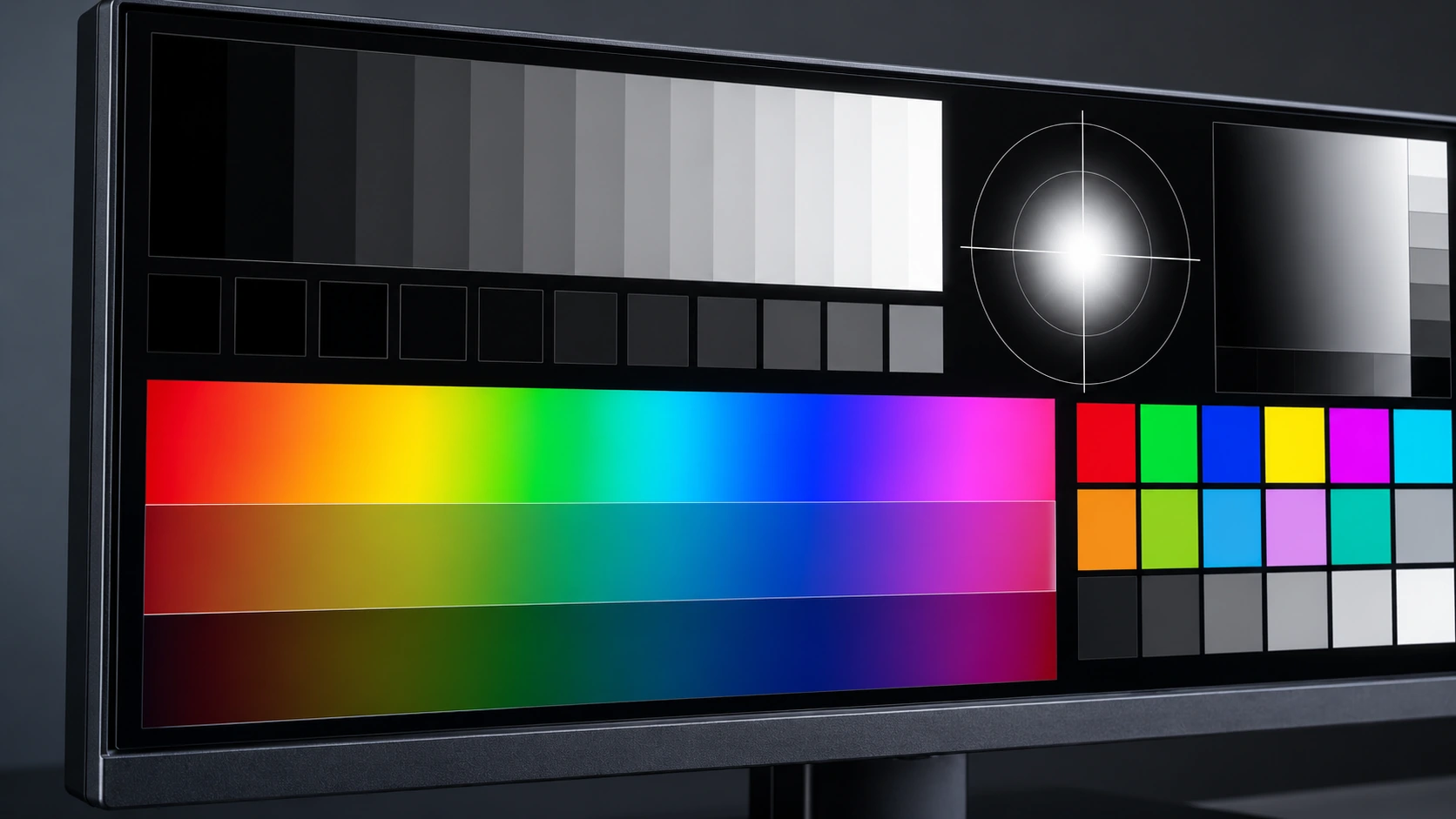 Monitor HDR com padrão de calibração de brilho, preto e cores