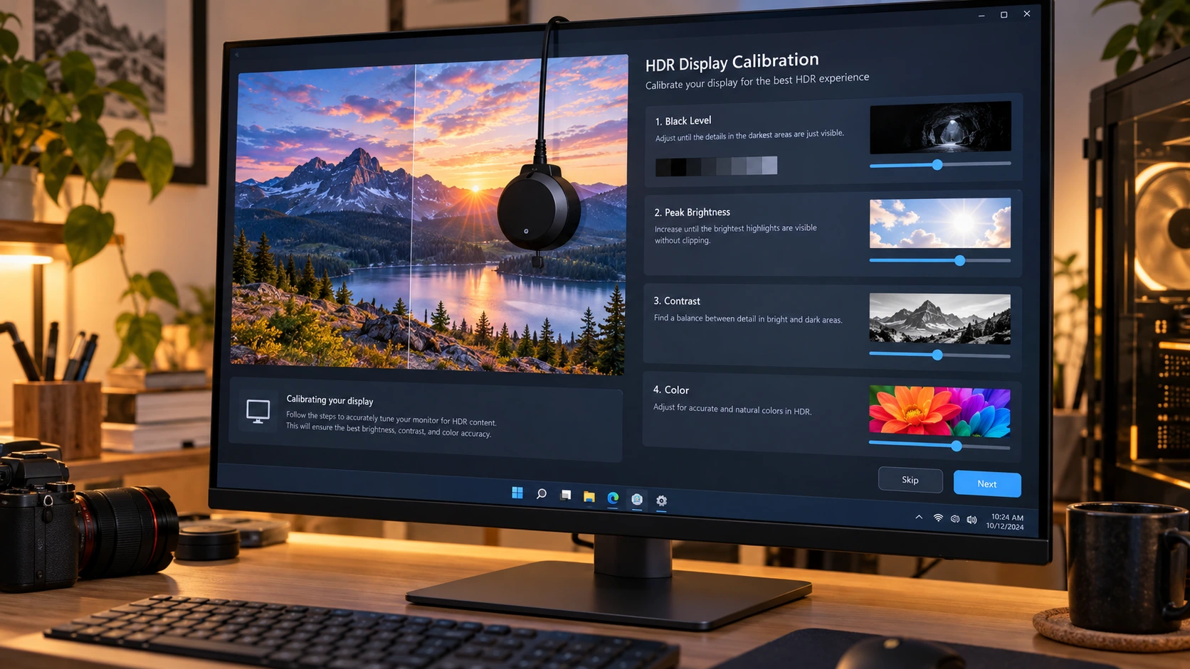Monitor em estúdio com testes de calibração HDR e medição de brilho