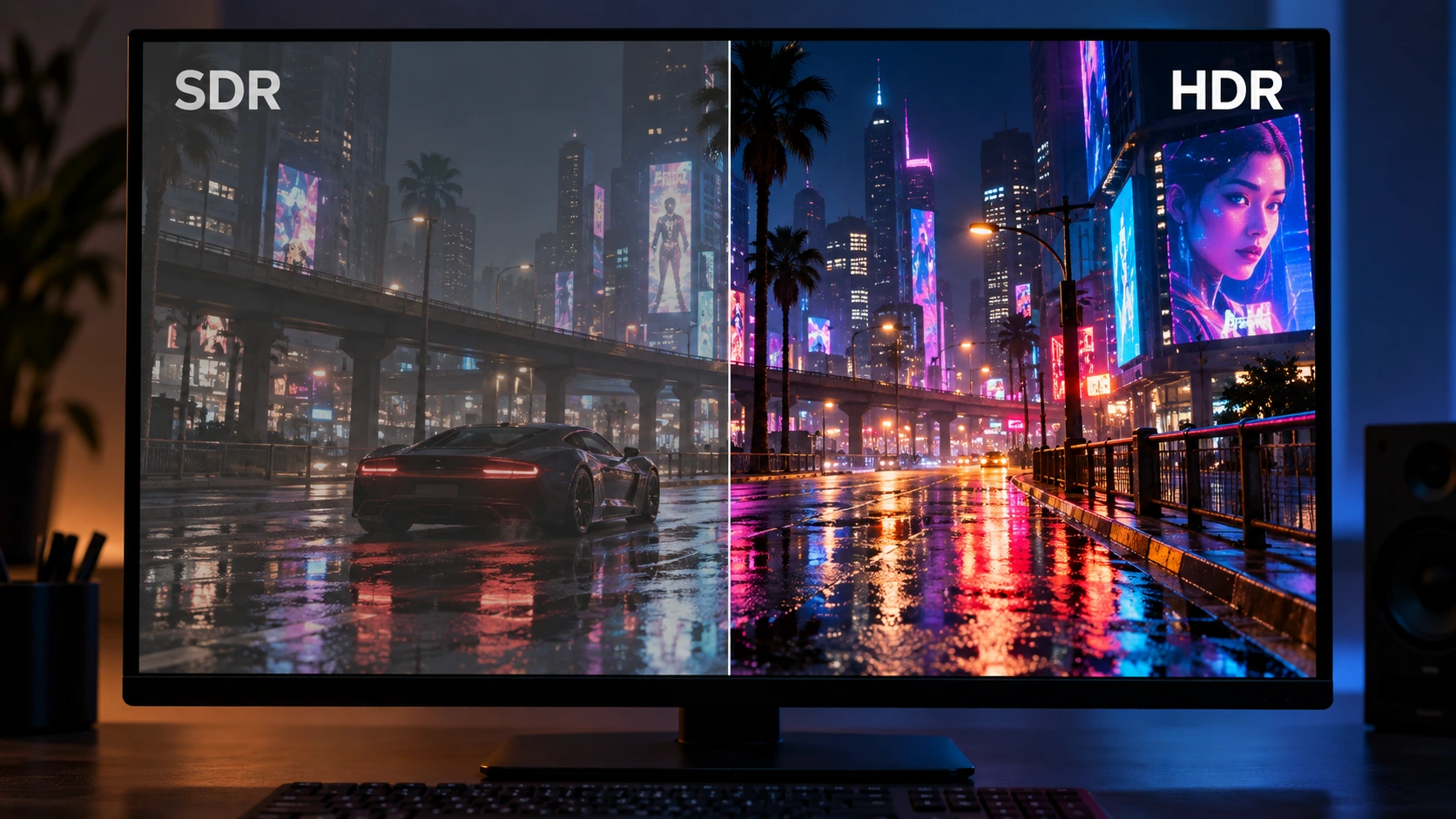 Comparação SDR e HDR em monitor mostrando diferença de brilho, contraste e cores