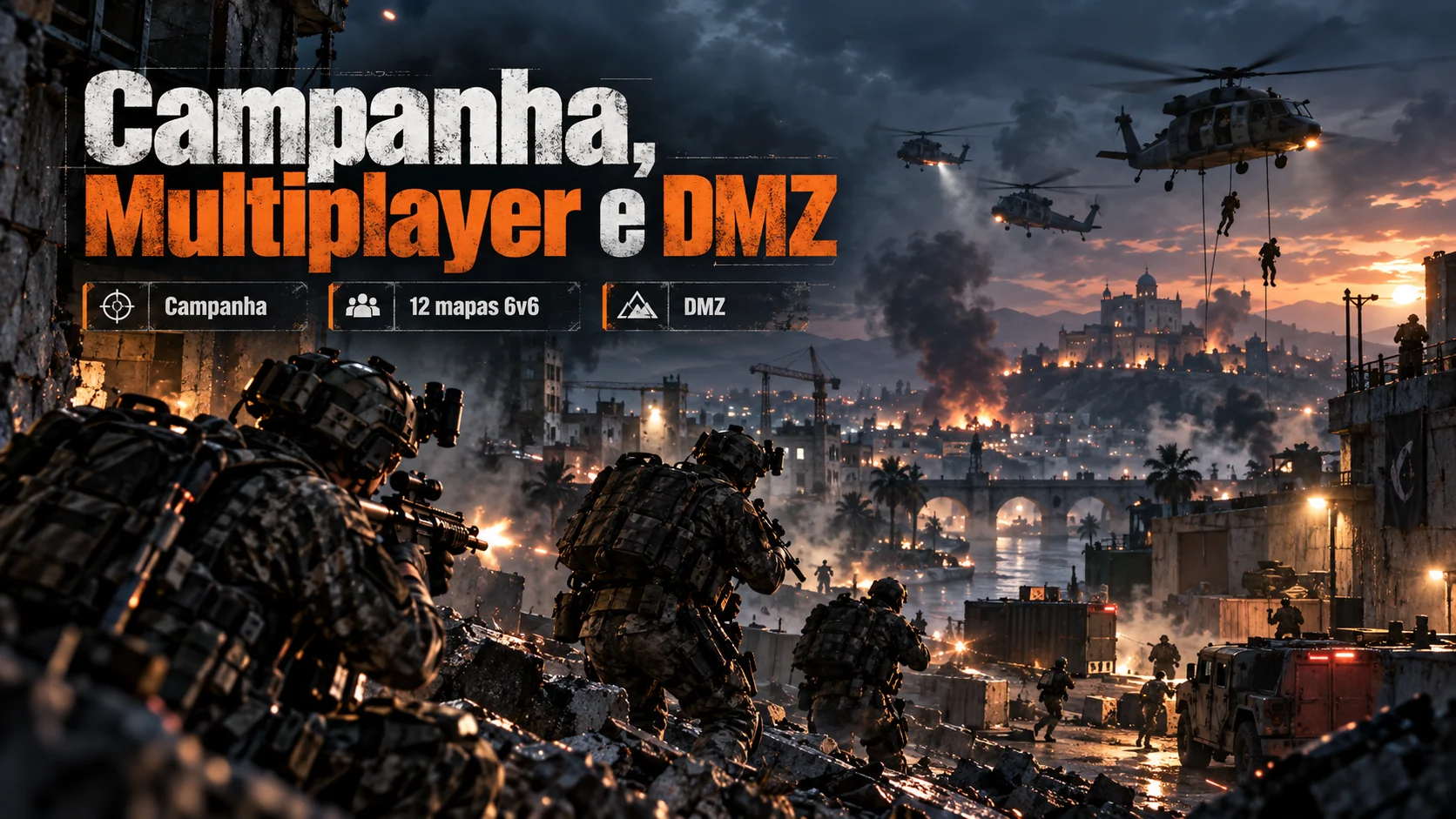 Ilustração editorial de operação militar urbana representando campanha, multiplayer e DMZ de Call of Duty Modern Warfare 4