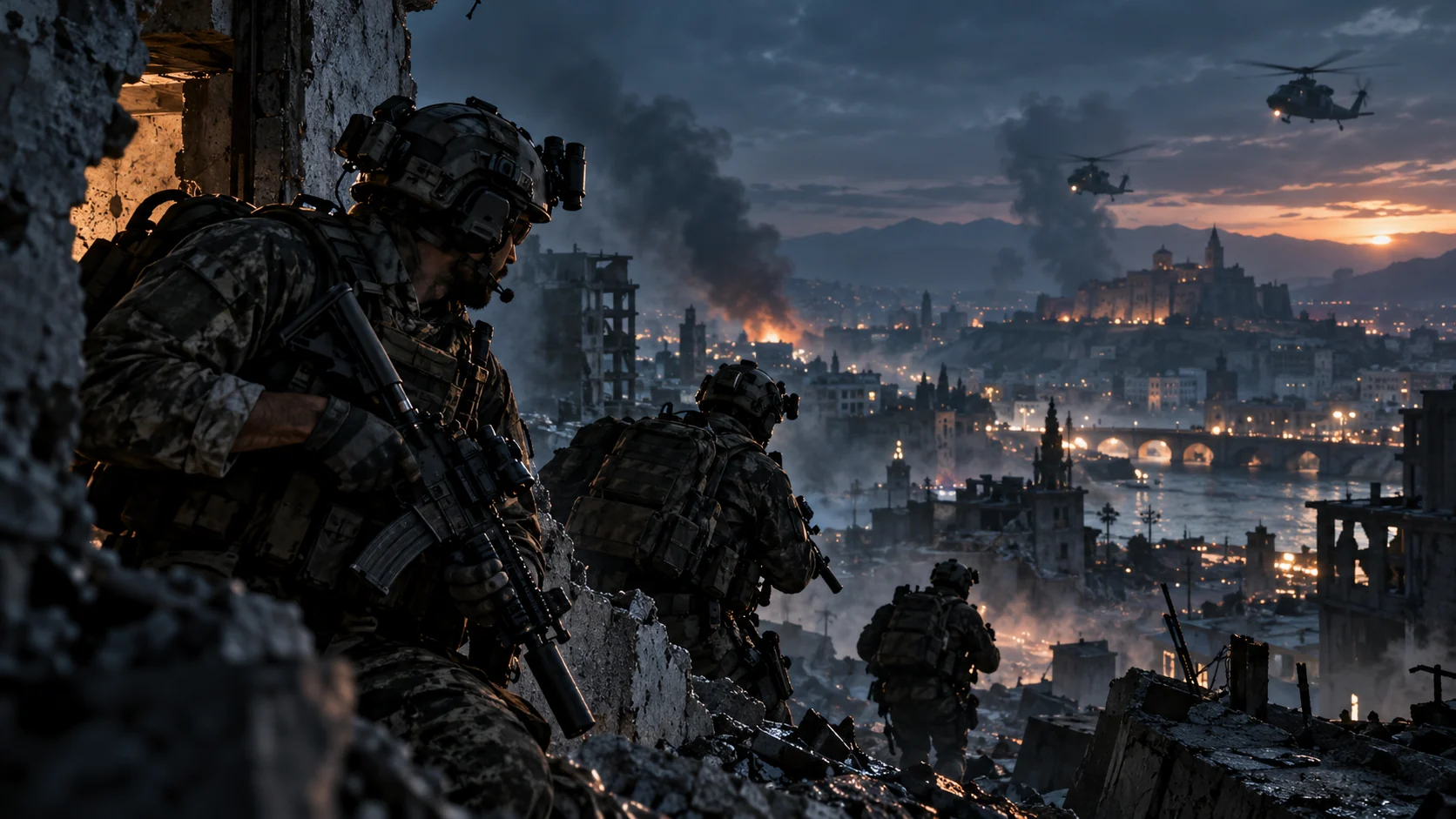 Arte editorial com soldados em cenário urbano de ação, ilustrando o lançamento de Call of Duty Modern Warfare 4