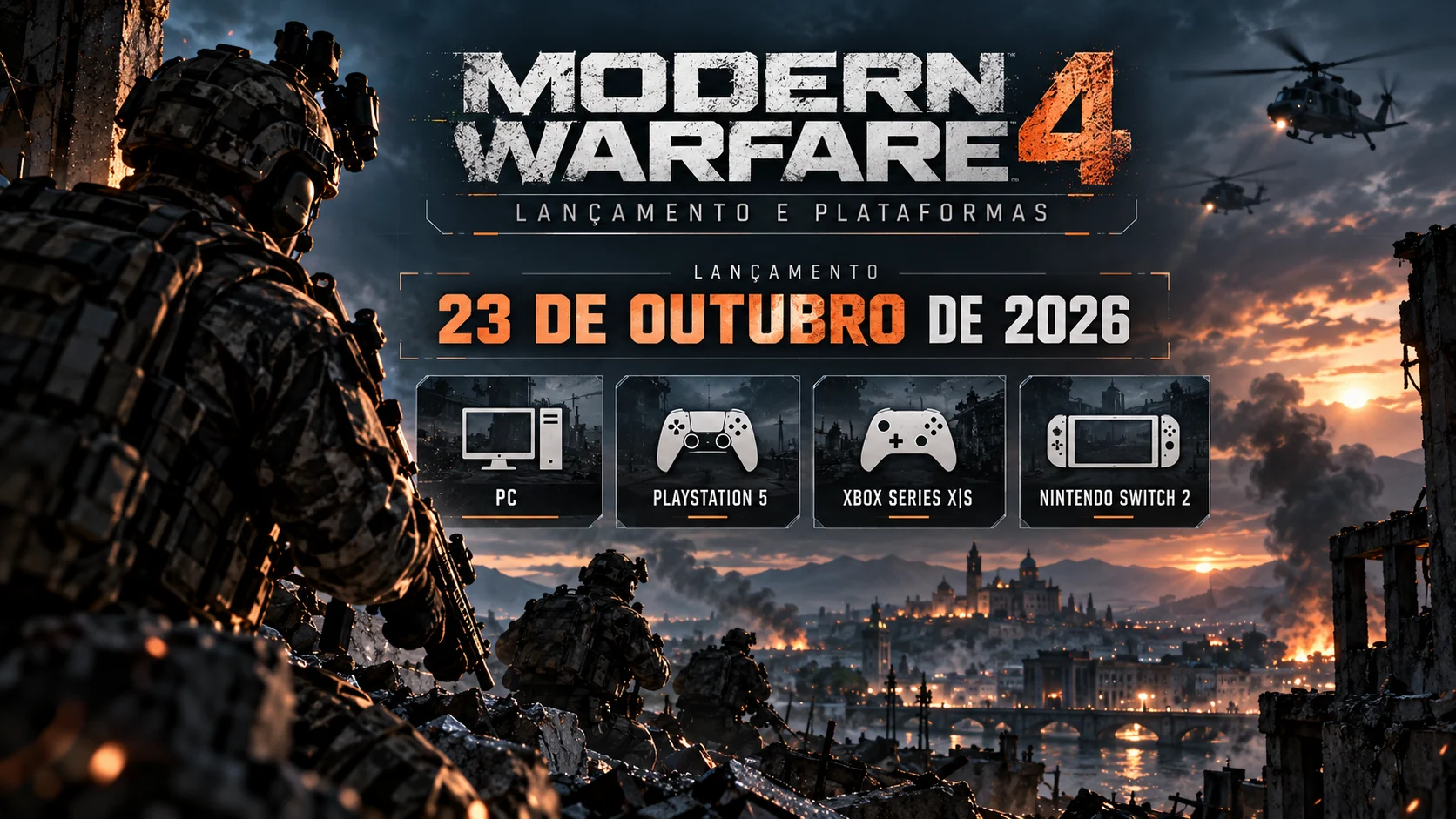 Infográfico com lançamento de Modern Warfare 4 em 23 de outubro de 2026 para PC, PS5, Xbox Series X|S e Switch 2