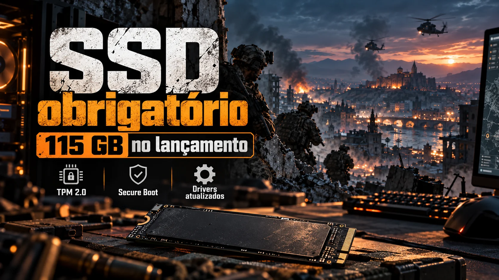 Imagem editorial com unidade SSD e indicação de 115 GB de espaço disponível para Call of Duty Modern Warfare 4