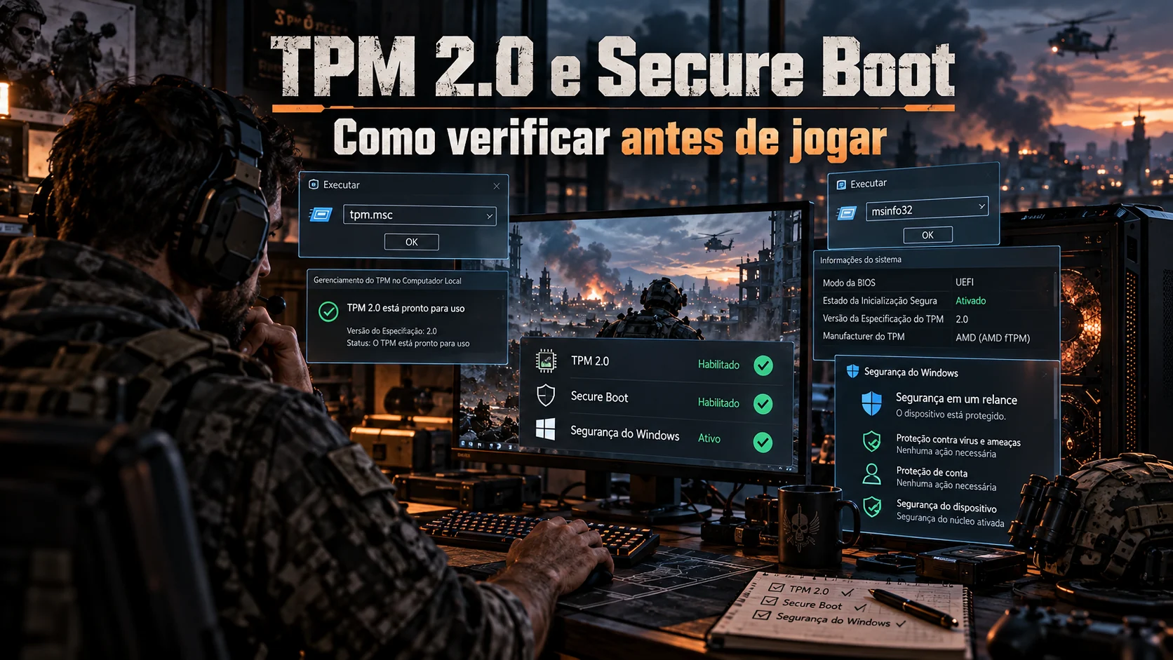 Ilustração editorial de verificação de TPM 2.0 e Secure Boot no Windows usando os comandos tpm.msc e msinfo32