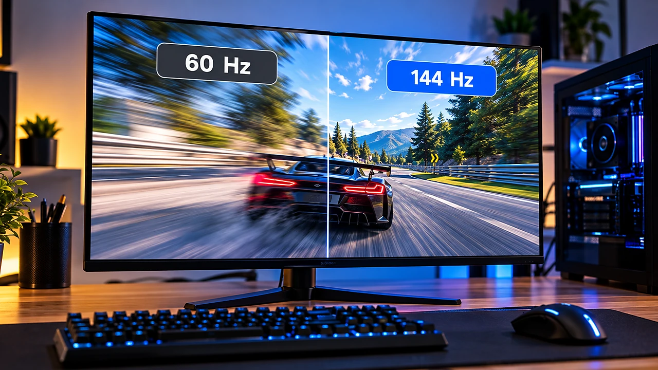 Setup gamer com monitor mostrando comparação ilustrativa entre 60 Hz e 144 Hz