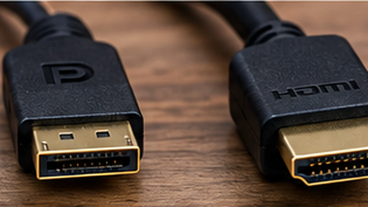 Conectores HDMI e DisplayPort vistos de perto, em imagem ilustrativa gerada por IA