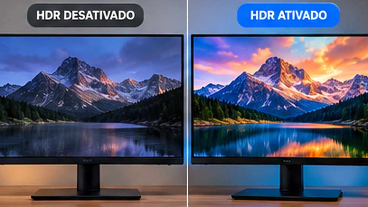 Comparação ilustrativa de imagem de monitor com HDR desativado e ativado