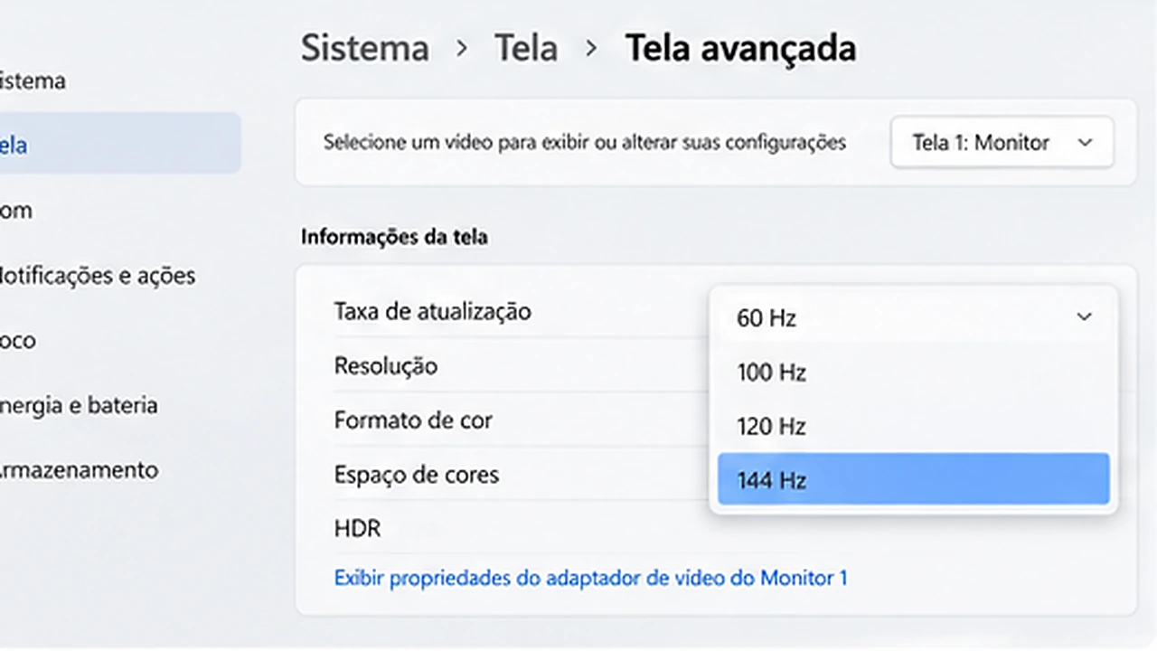 Ilustração das configurações avançadas do Windows 11 com frequência de 144 Hz selecionada