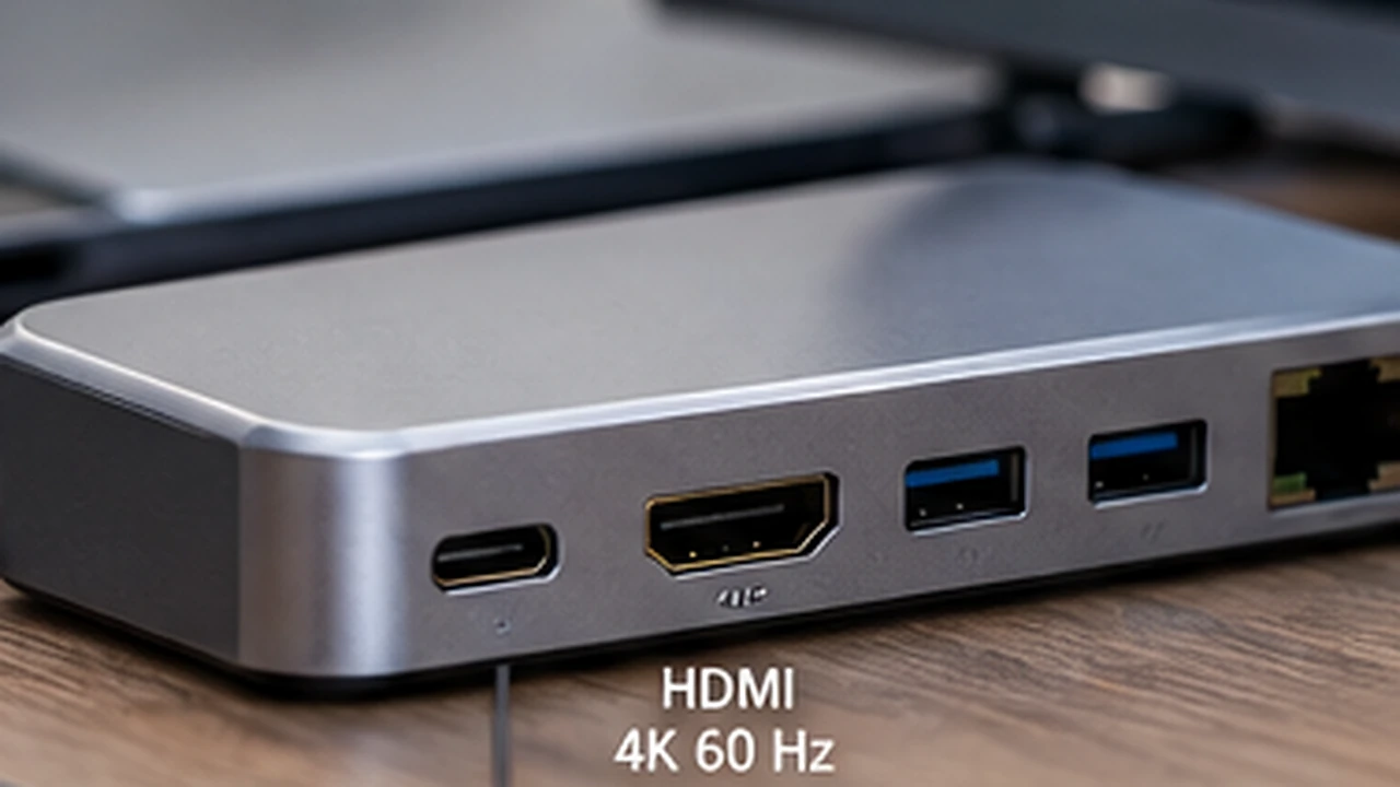 Hub USB-C com porta HDMI conectado a notebook, fotografia ilustrativa gerada por IA