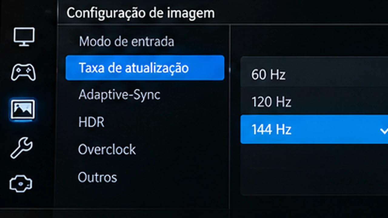 Menu OSD ilustrativo de monitor gamer mostrando frequência de 144 Hz
