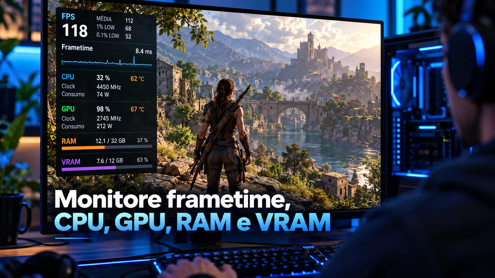 Monitoramento de frametime CPU GPU RAM e VRAM durante jogo no PC