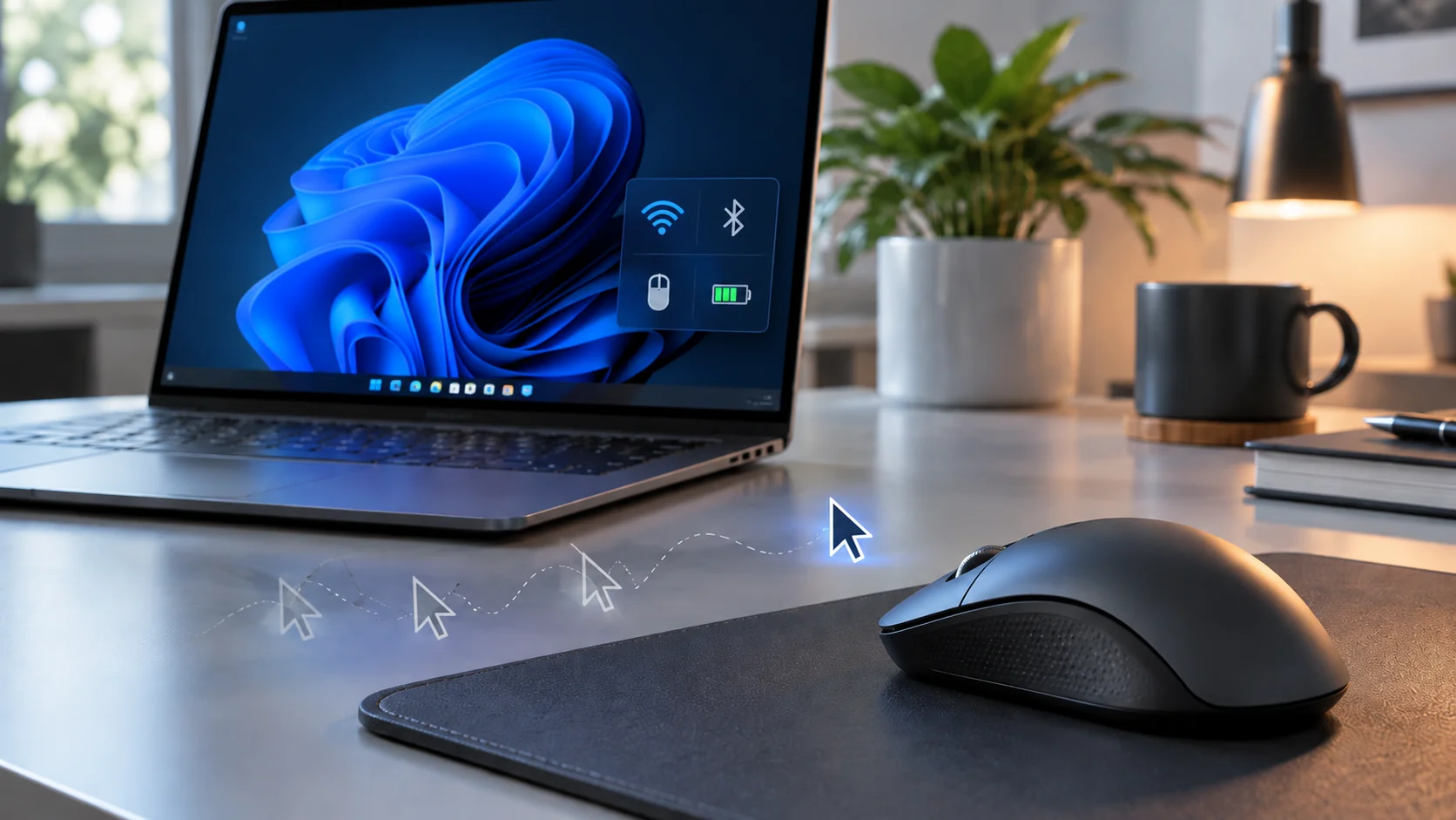 Diagnóstico de mouse sem fio travando com indicadores de conexão e bateria no Windows 11