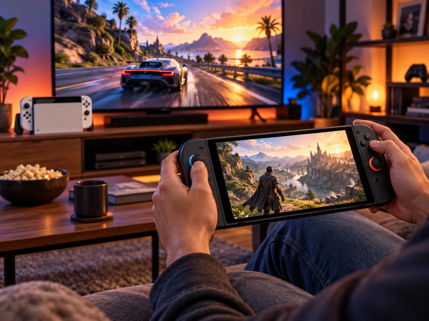 Pessoa joga em videogame portátil ilustrativo enquanto a televisão exibe um jogo em uma sala aconchegante