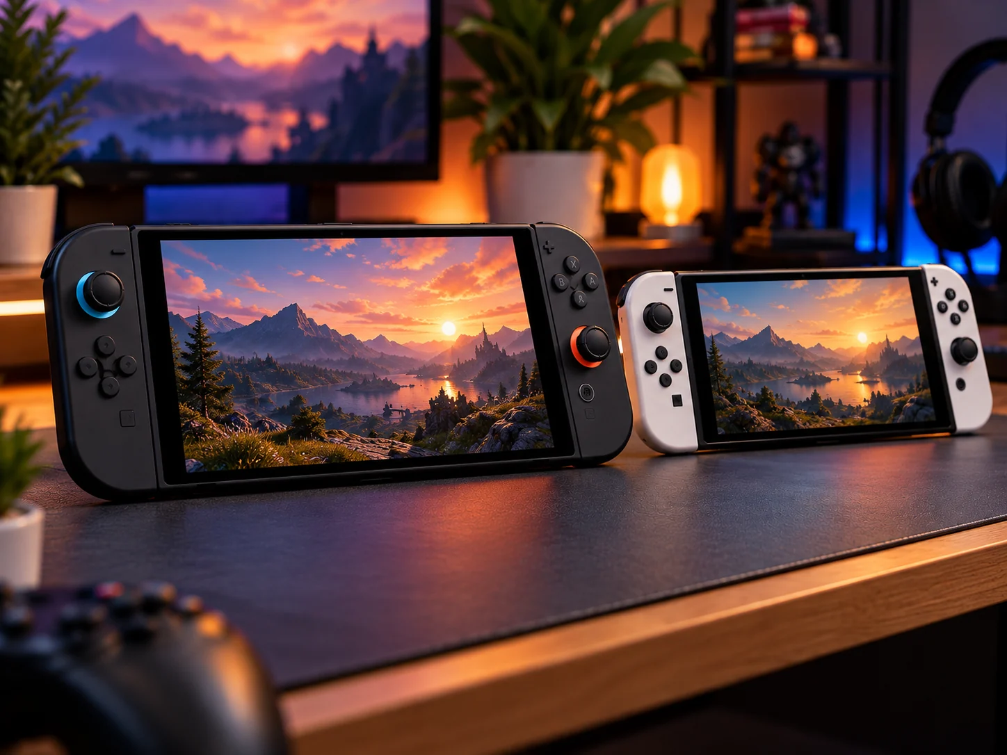 Ilustração comparativa de dois videogames portáteis, representando Nintendo Switch 2 e Switch OLED em uma mesa gamer