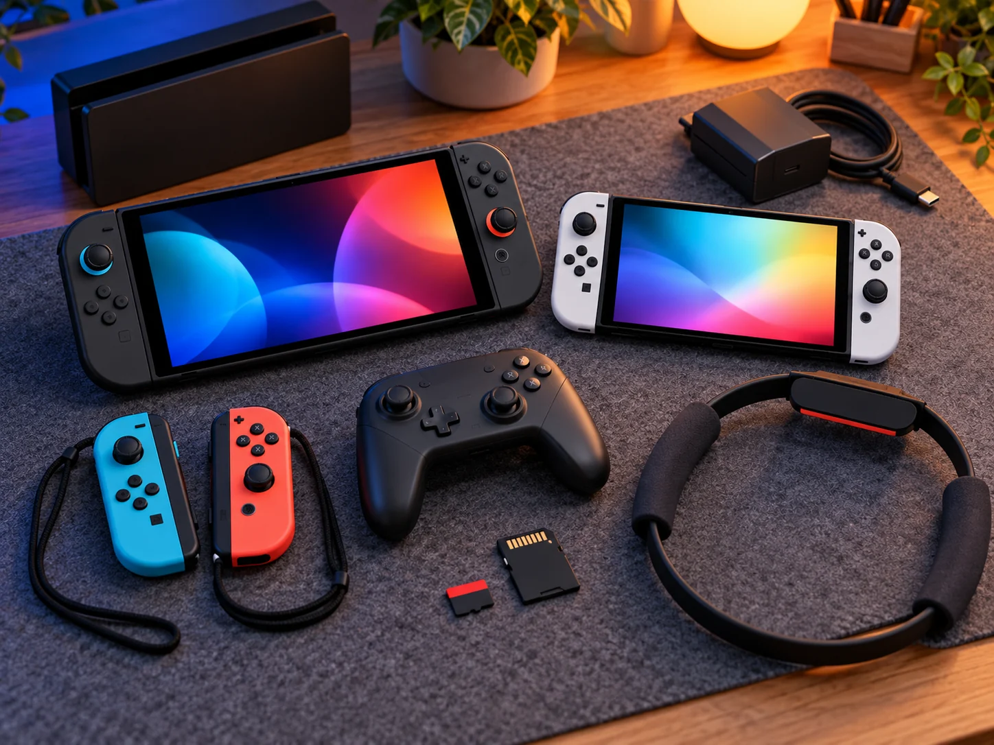 Ilustração de consoles portáteis, controles, docks e cartões de memória para mostrar cuidados de compatibilidade