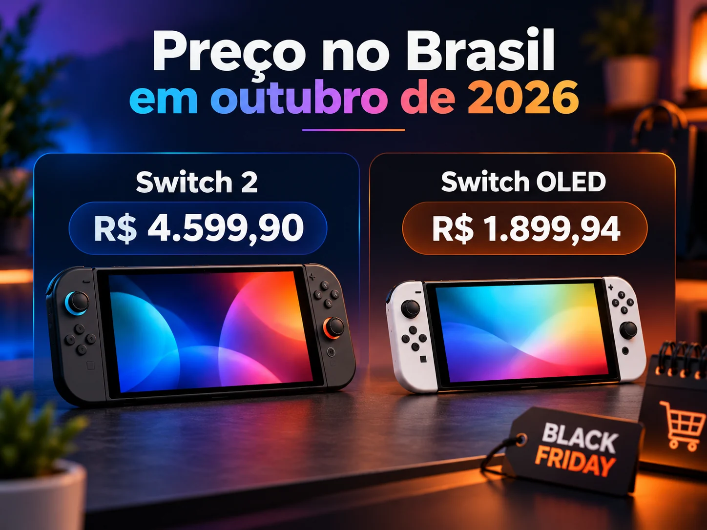 Infográfico de preços de referência do Nintendo Switch 2 e Switch OLED no Brasil em outubro de 2026, sem garantia de oferta vigente
