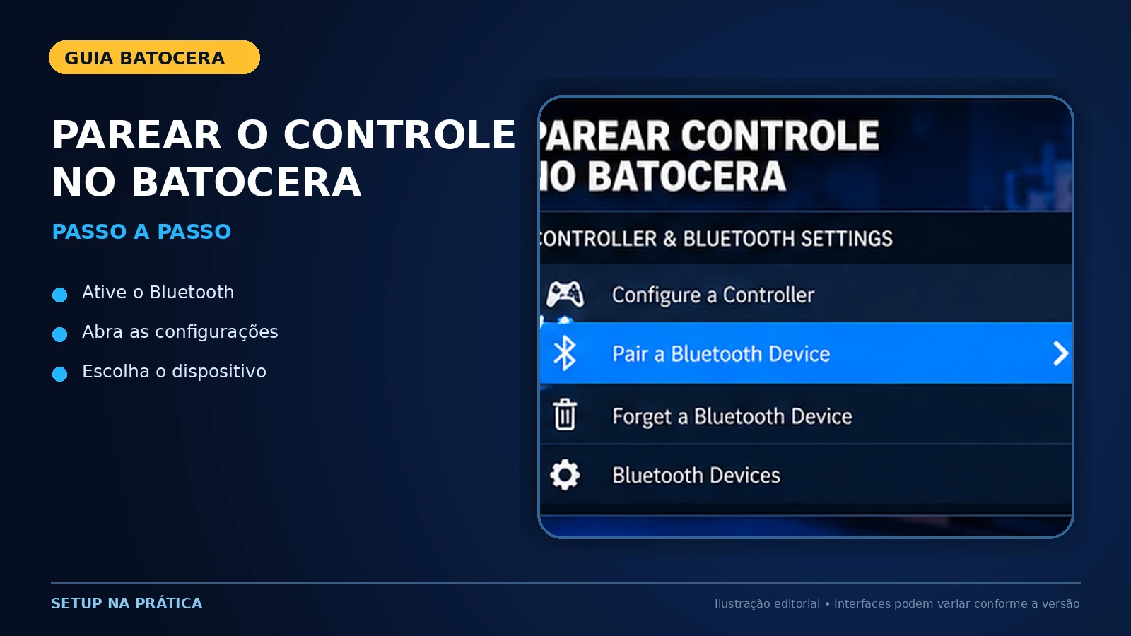Passo a passo para parear um controle Bluetooth no menu de configurações do Batocera