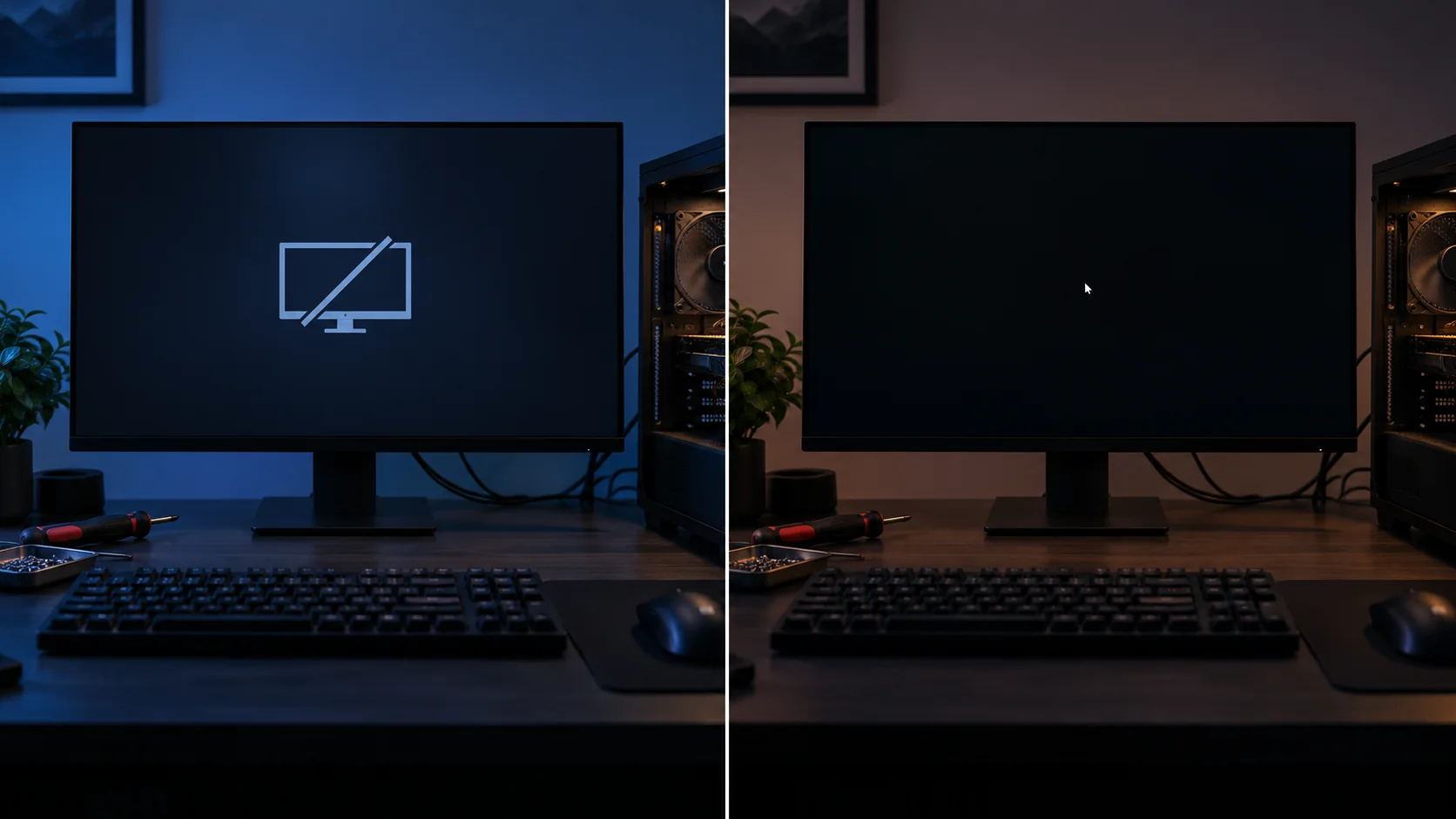 Comparação ilustrativa entre monitor sem sinal e tela preta com cursor